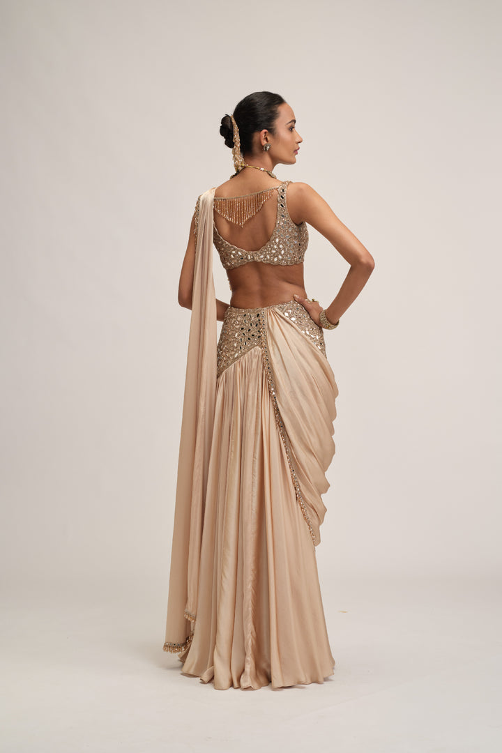 Light Beige Satin Draped Saree Set