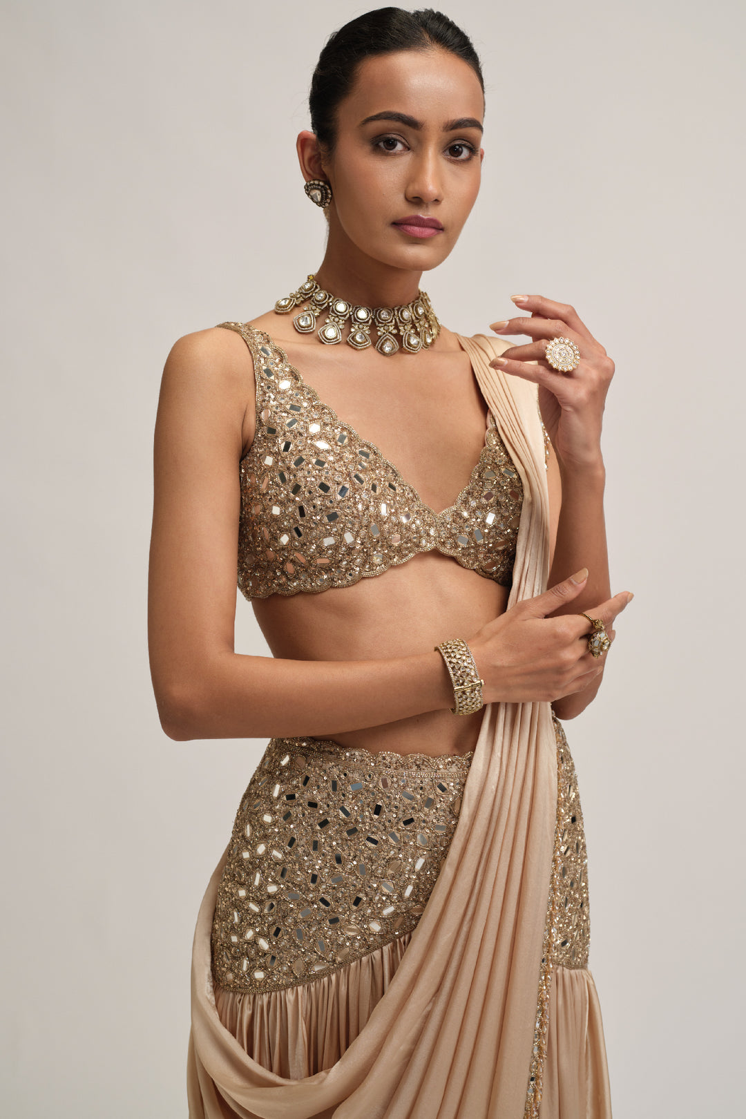 Light Beige Satin Draped Saree Set