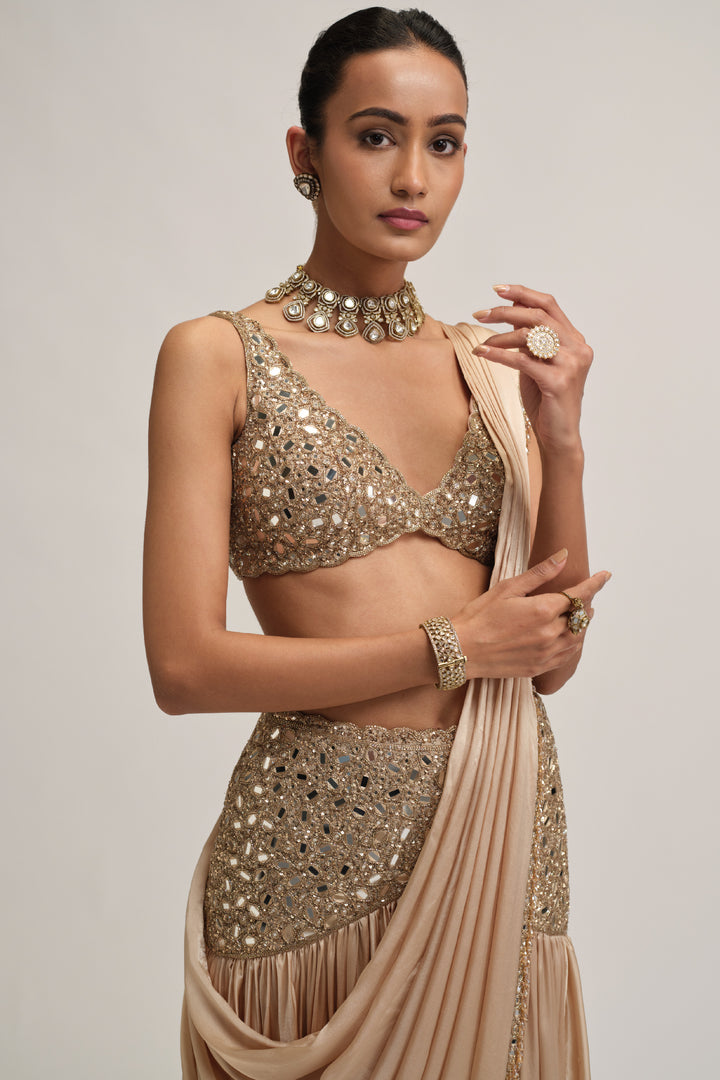 Light Beige Satin Draped Saree Set