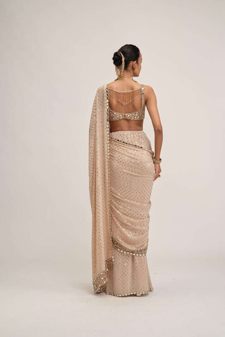 Light Beige Round Neck Cutwork Border Saree Set