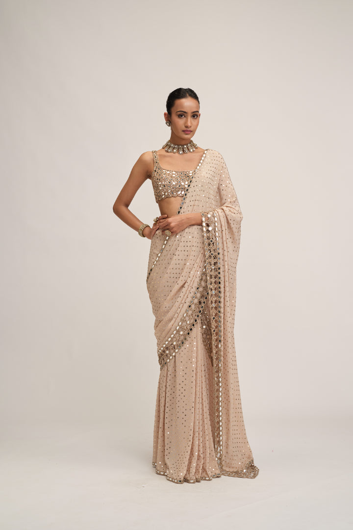 Light Beige Round Neck Cutwork Border Saree Set