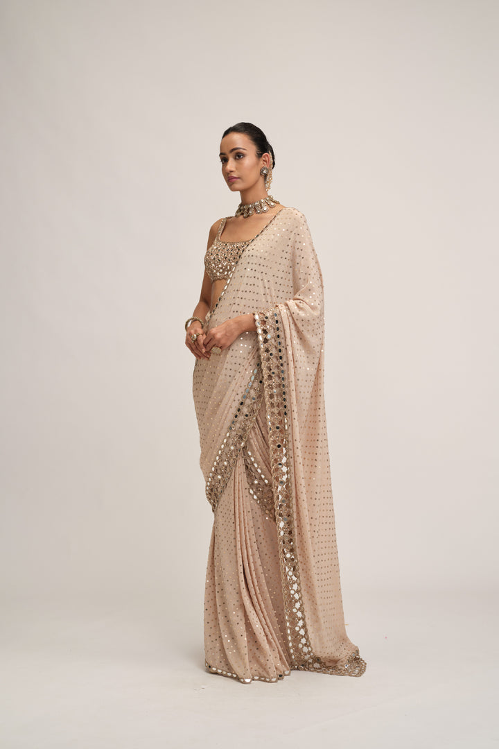 Light Beige Round Neck Cutwork Border Saree Set