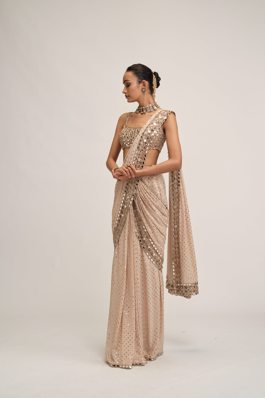 Light Beige Round Neck Cutwork Border Saree Set