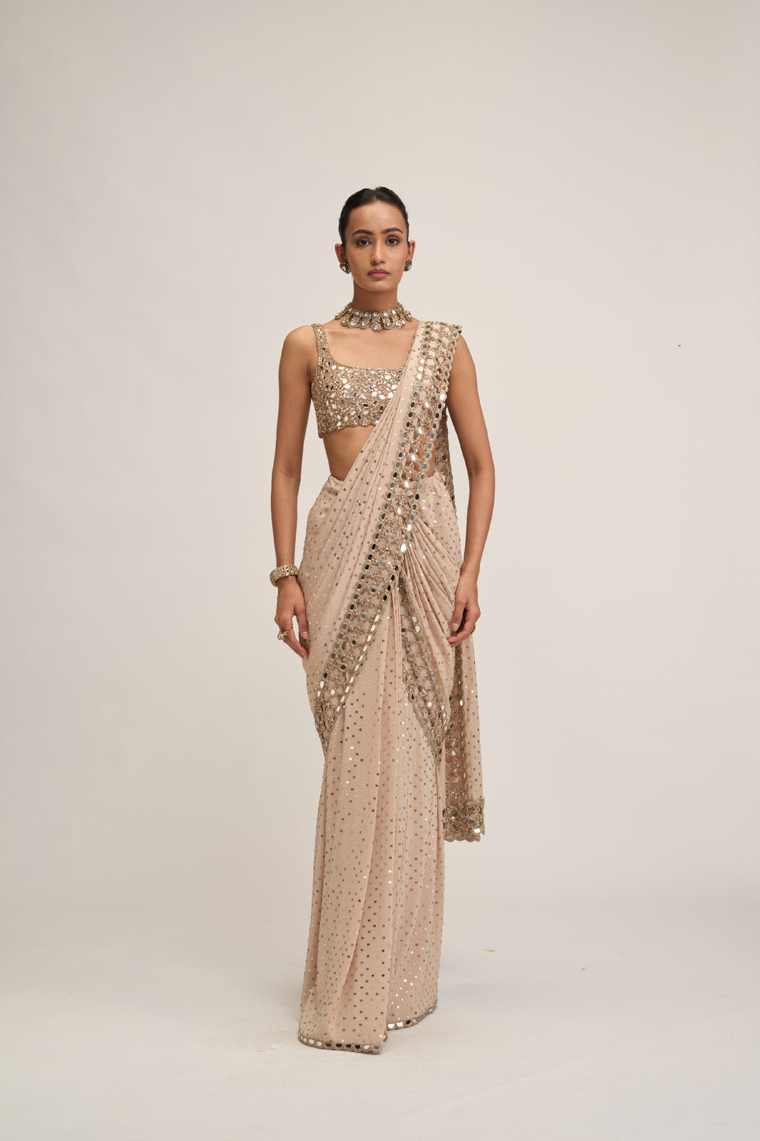 Light Beige Round Neck Cutwork Border Saree Set