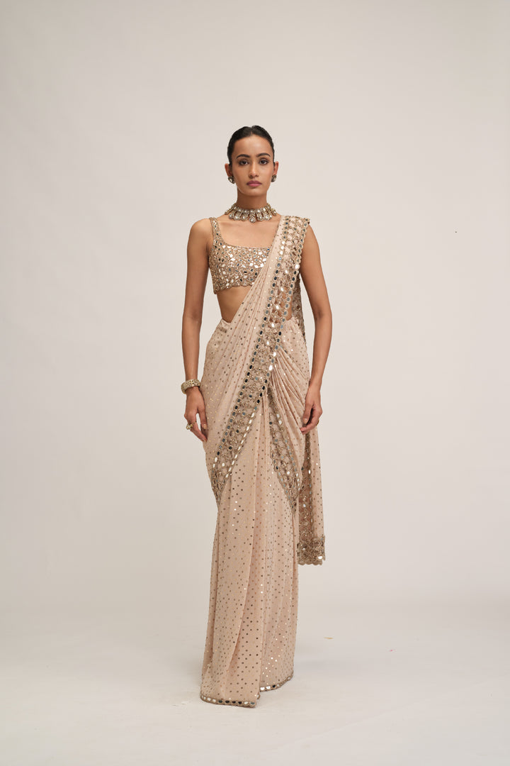 Light Beige Round Neck Cutwork Border Saree Set