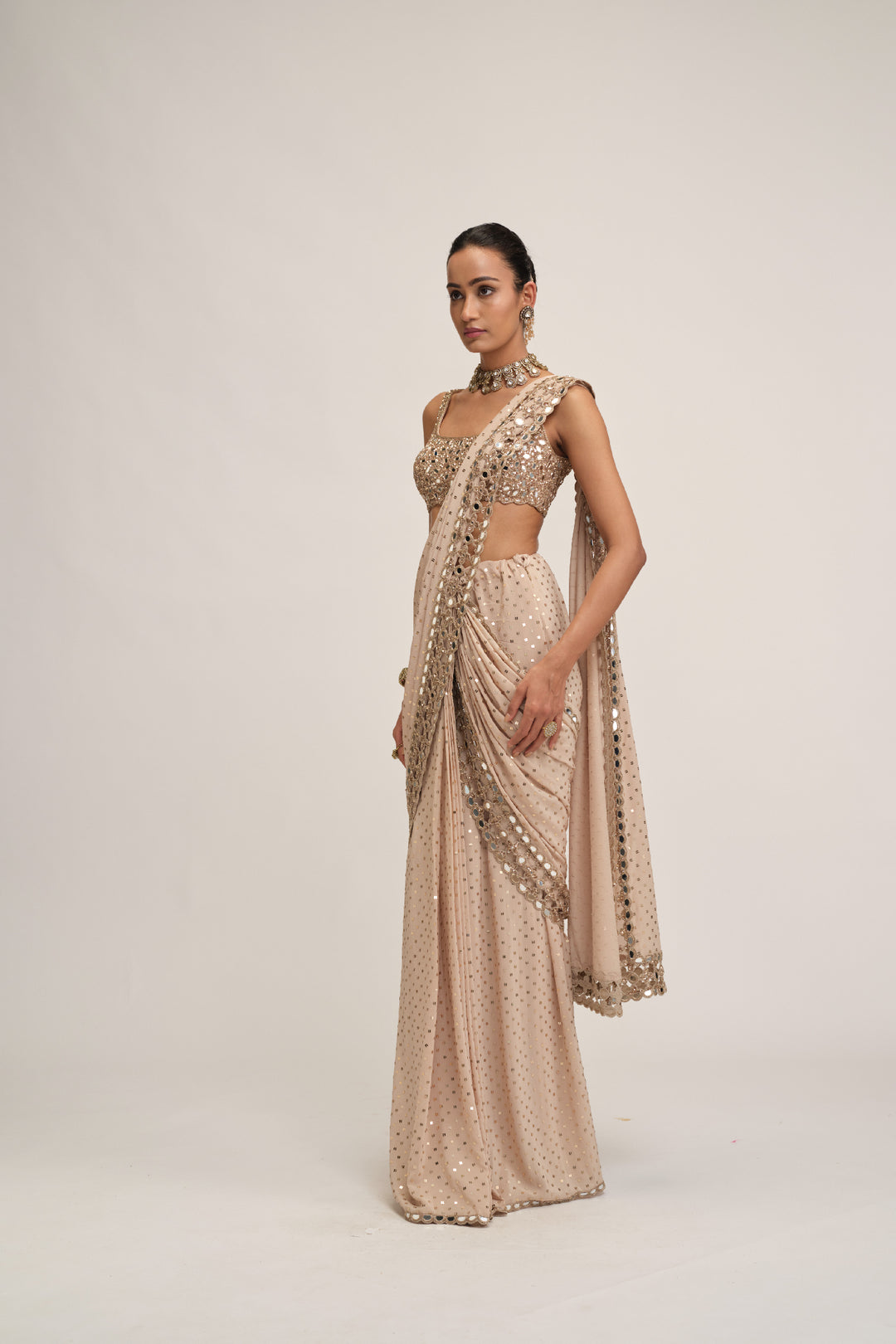 Light Beige Round Neck Cutwork Border Saree Set