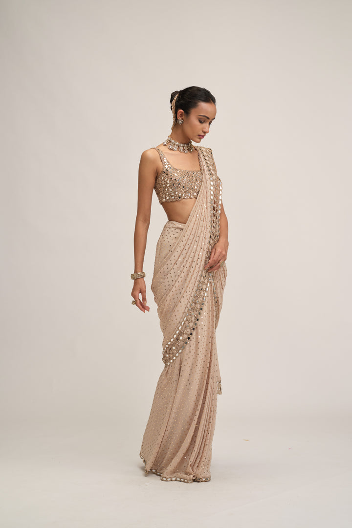 Light Beige Round Neck Cutwork Border Saree Set