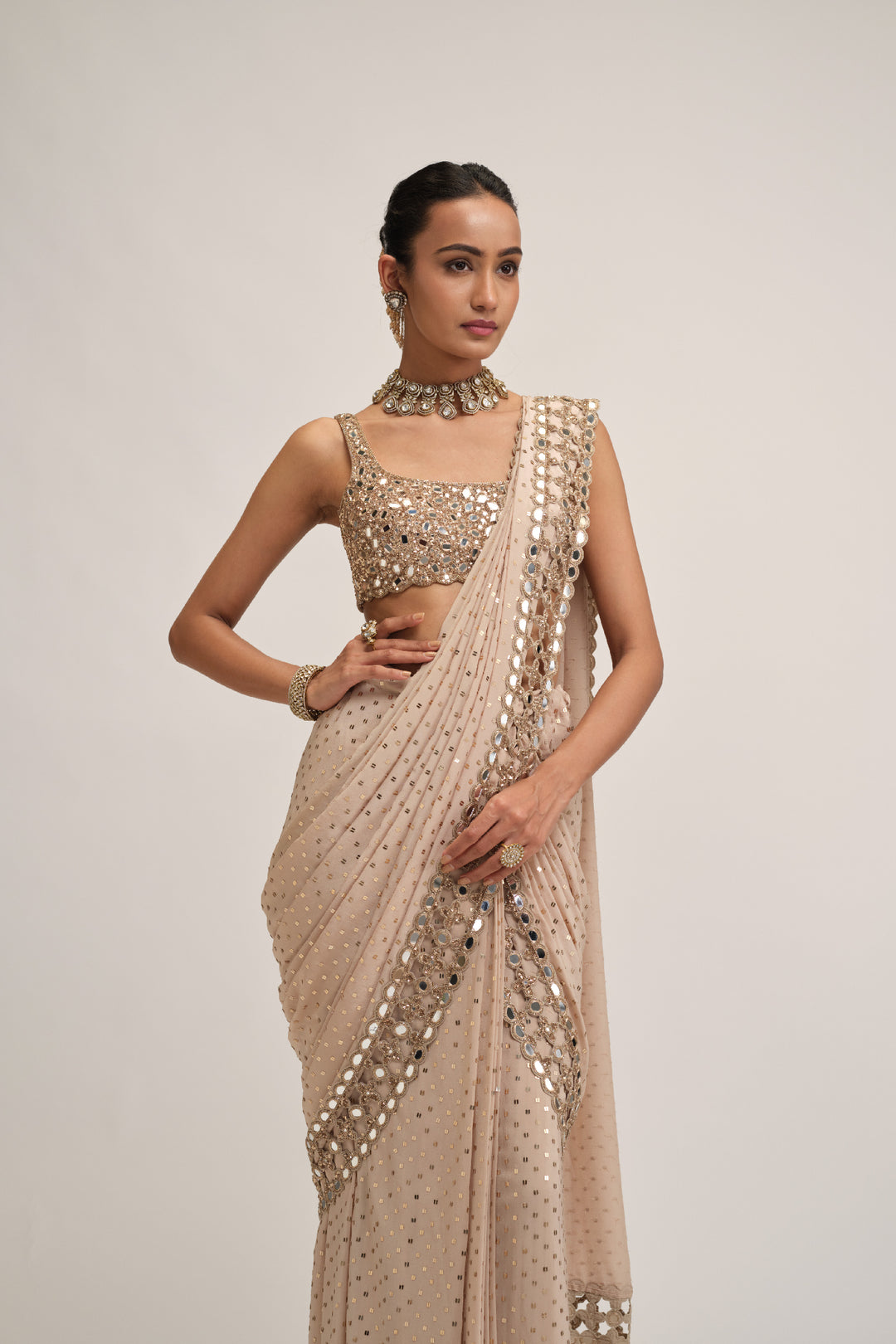 Light Beige Round Neck Cutwork Border Saree Set