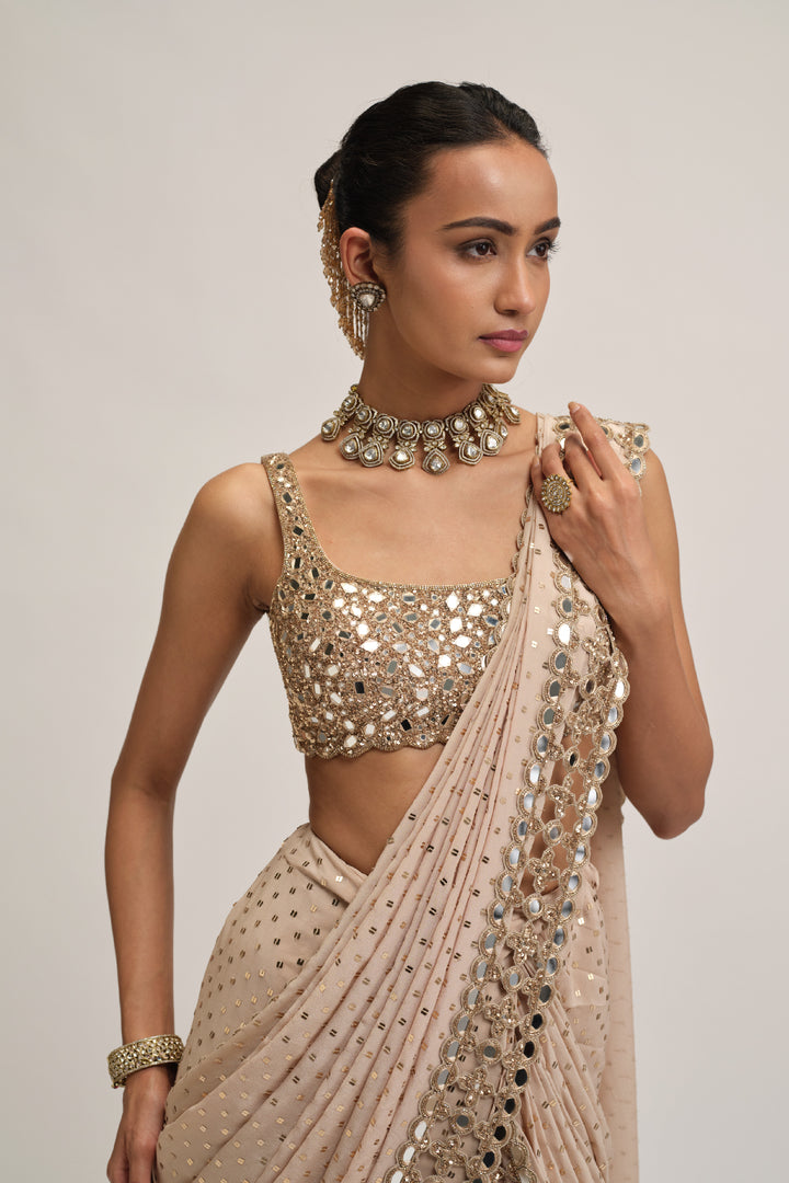 Light Beige Round Neck Cutwork Border Saree Set