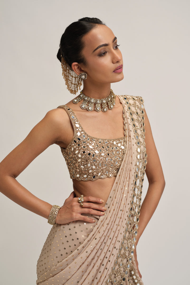 Light Beige Round Neck Cutwork Border Saree Set