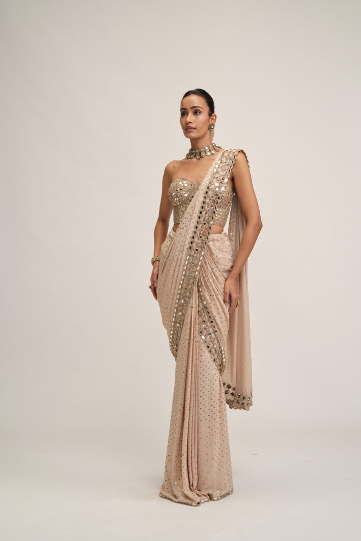 Light Beige Cutwork Border Saree Set
