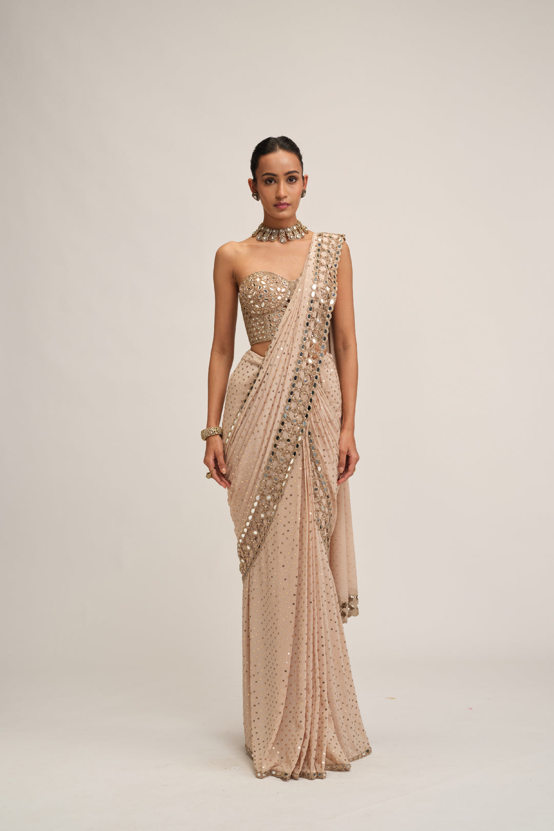 Light Beige Cutwork Border Saree Set