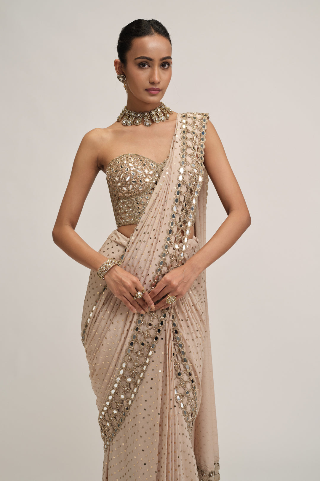 Light Beige Cutwork Border Saree Set
