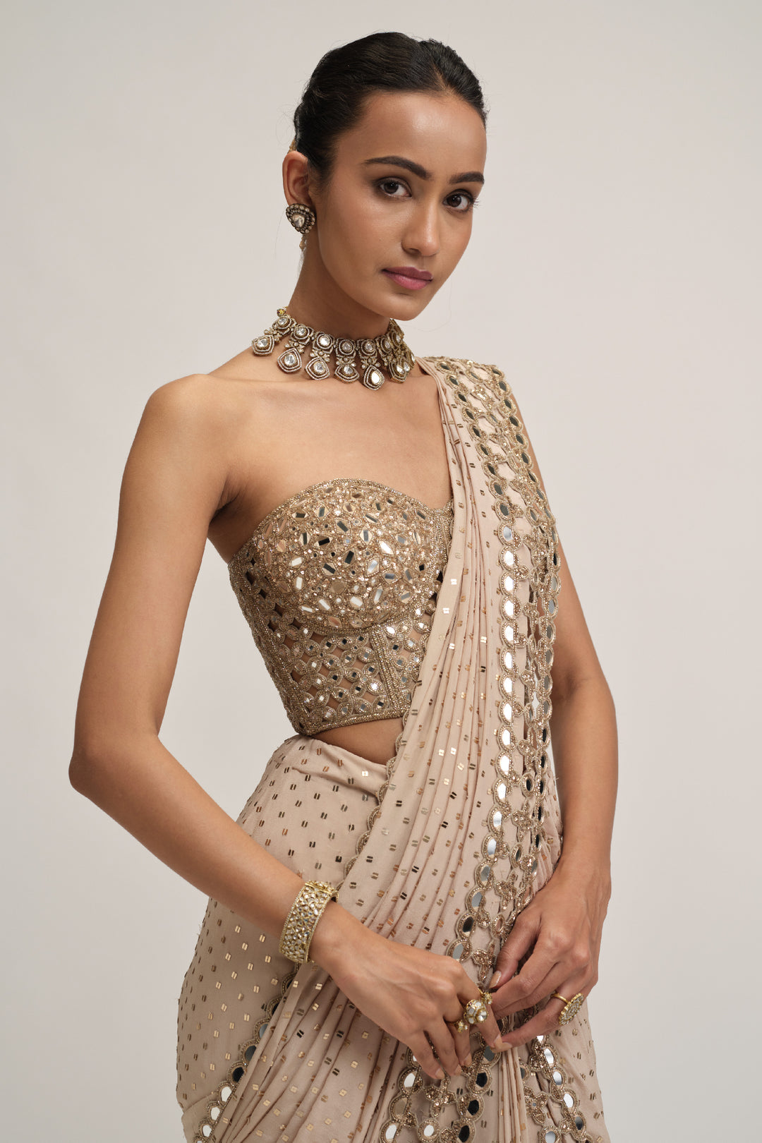 Light Beige Cutwork Border Saree Set