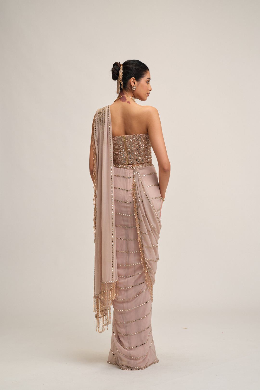 Ash Pink Linear Mirror Saree Set