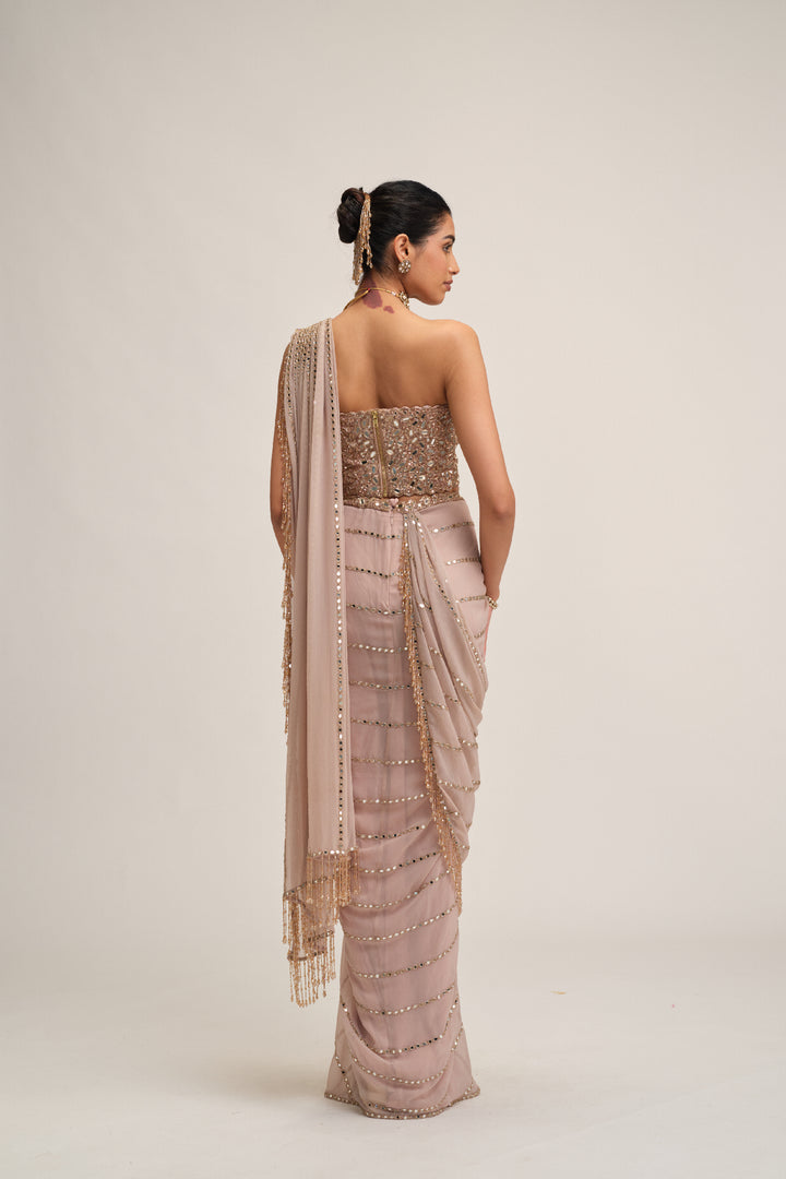 Ash Pink Linear Mirror Saree Set