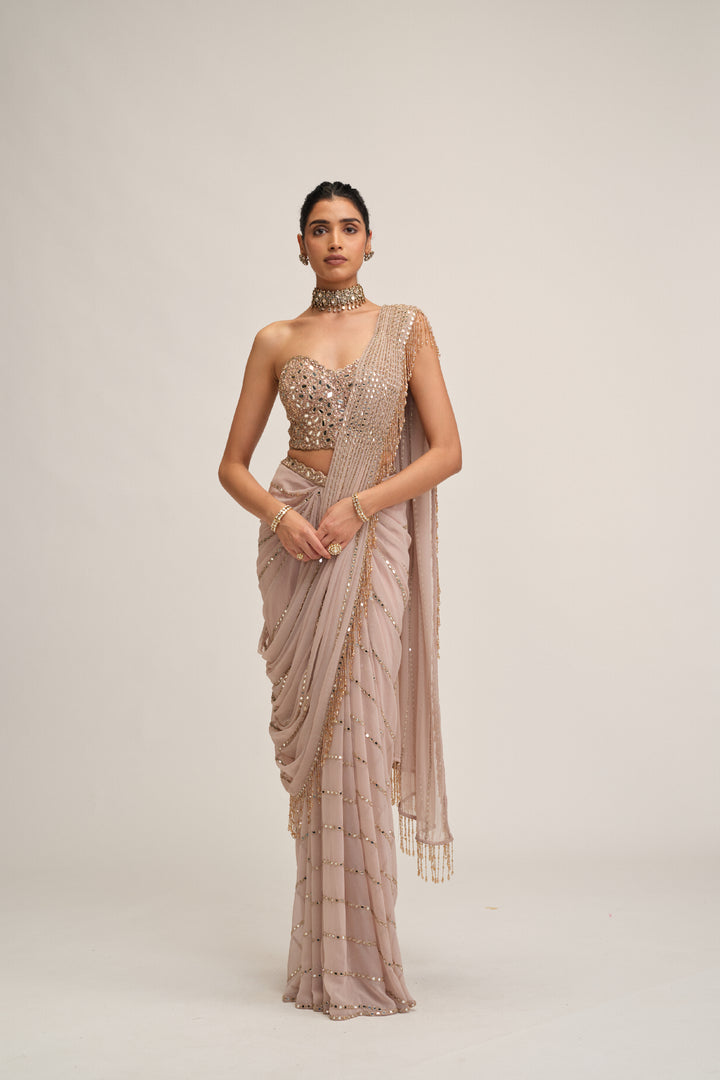 Ash Pink Linear Mirror Saree Set