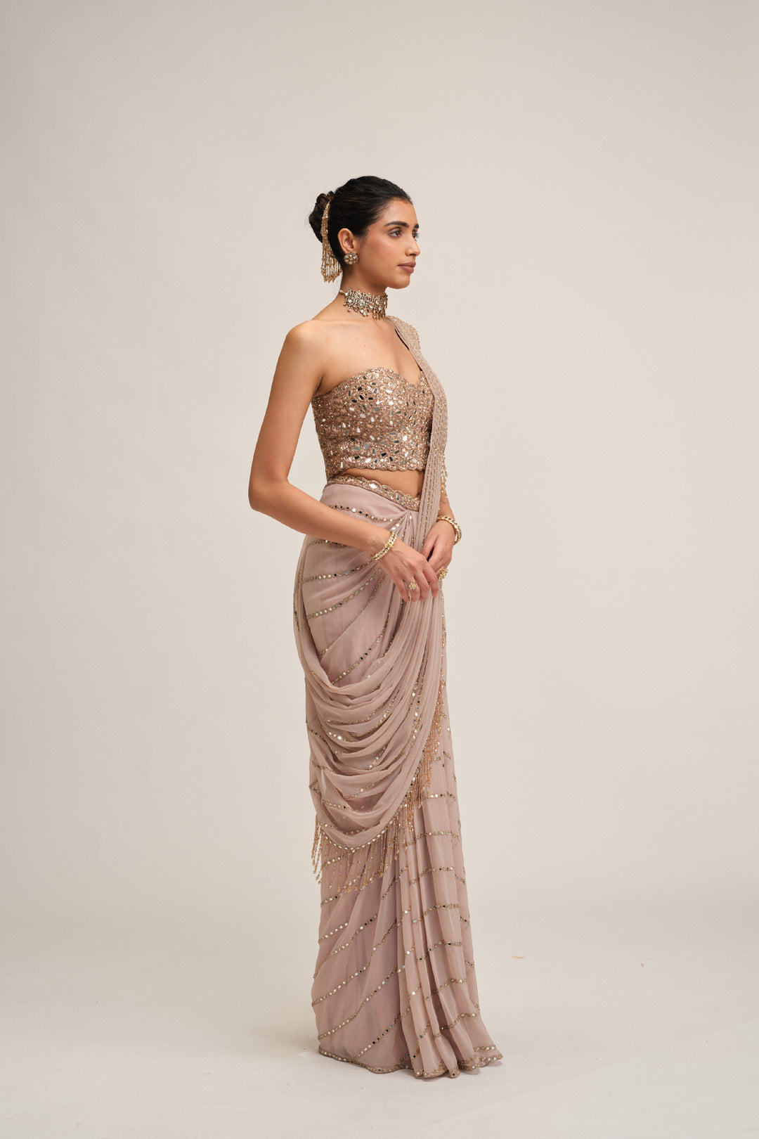 Ash Pink Linear Mirror Saree Set
