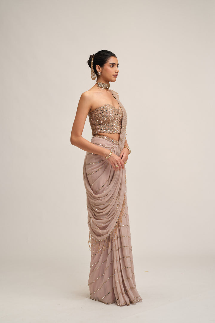 Ash Pink Linear Mirror Saree Set