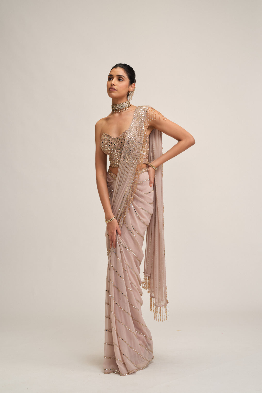 Ash Pink Linear Mirror Saree Set