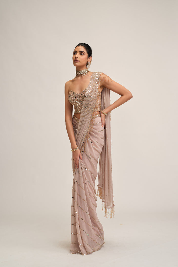 Ash Pink Linear Mirror Saree Set