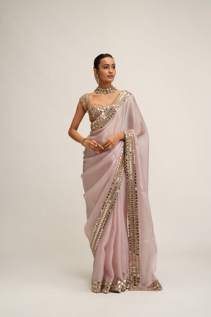 Ash Pink Satin Organza Saree Set