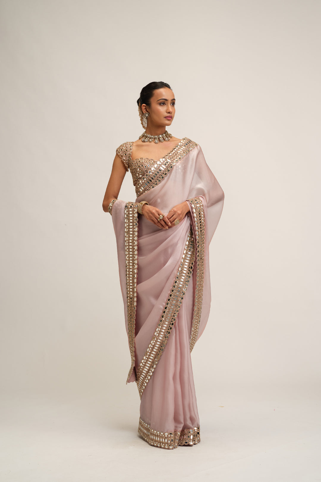 Ash Pink Satin Organza Saree Set