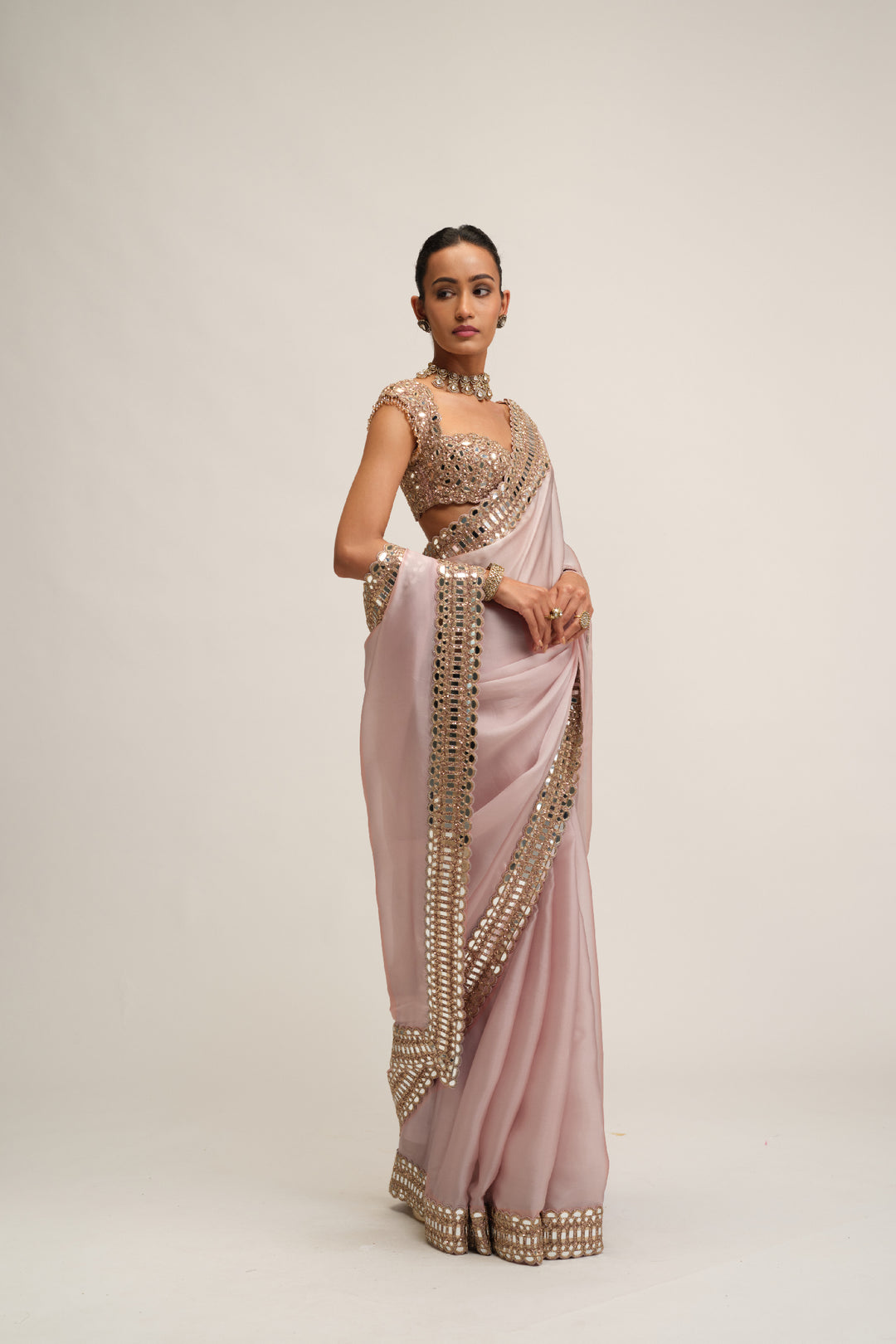 Ash Pink Satin Organza Saree Set