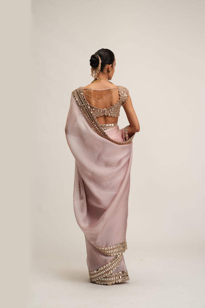 Ash Pink Satin Organza Saree Set