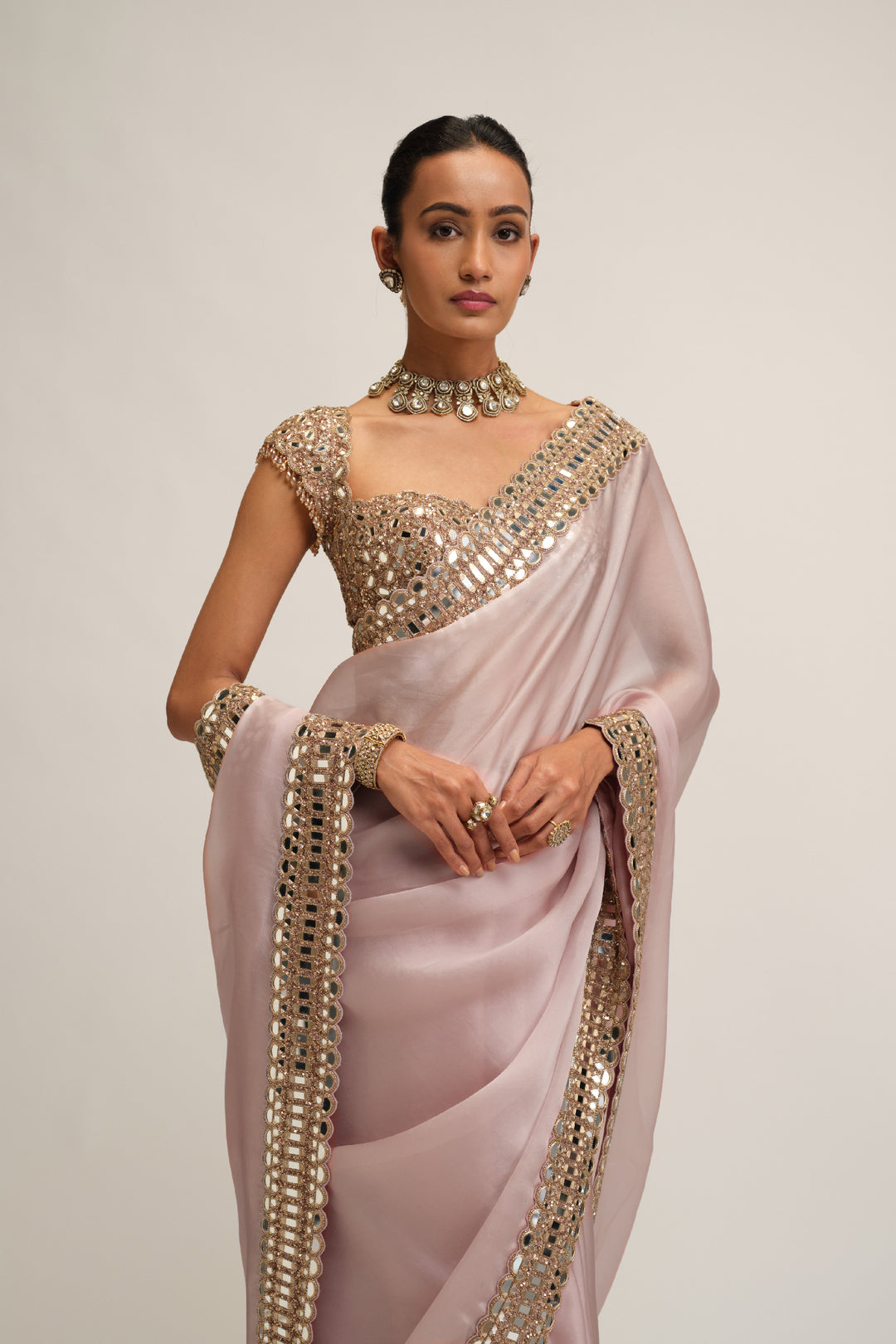 Ash Pink Satin Organza Saree Set