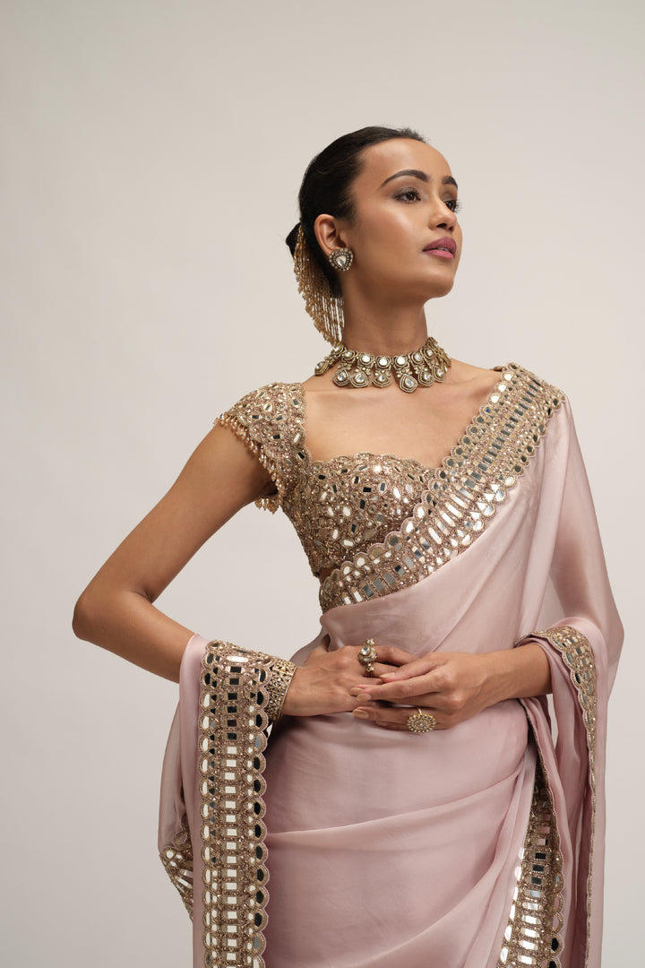Ash Pink Satin Organza Saree Set