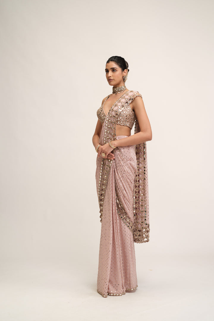 Ash Pink Cutwork Border Saree Set