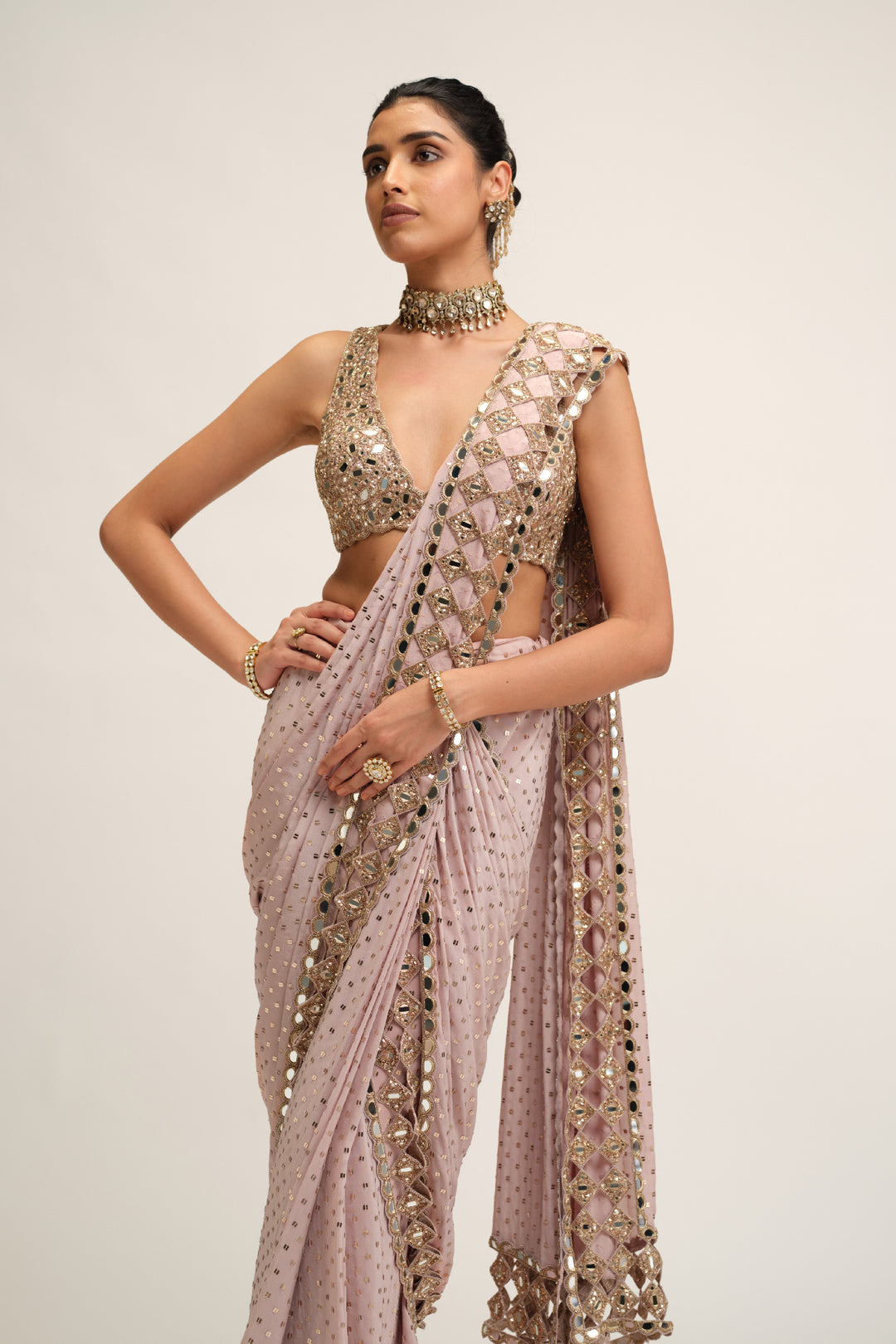Ash Pink Cutwork Border Saree Set