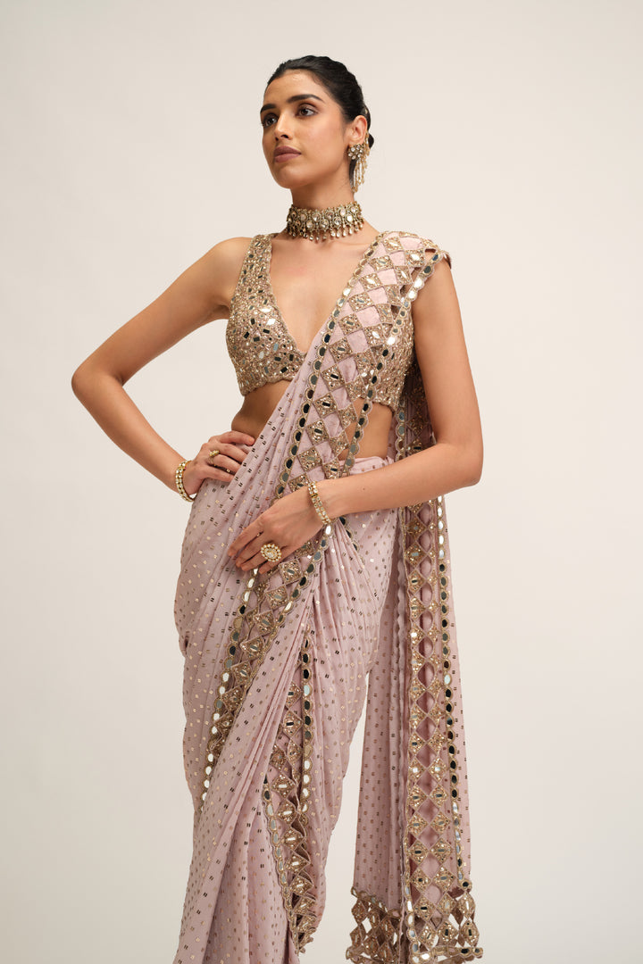 Ash Pink Cutwork Border Saree Set