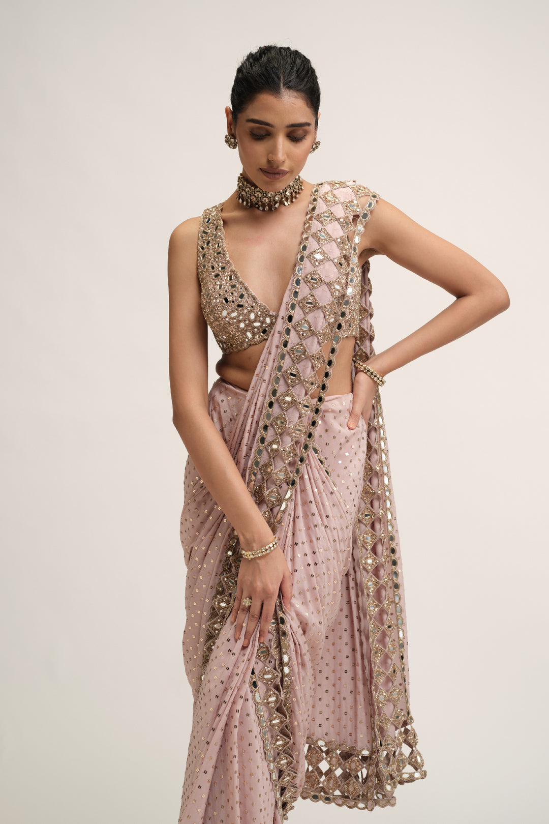 Ash Pink Cutwork Border Saree Set