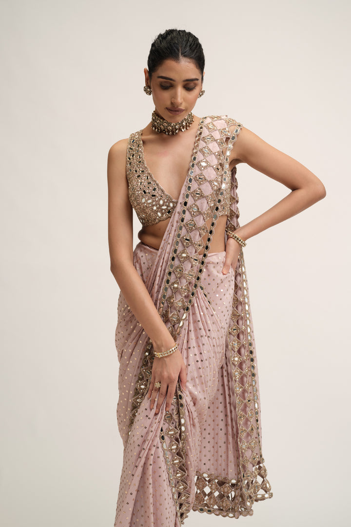 Ash Pink Cutwork Border Saree Set