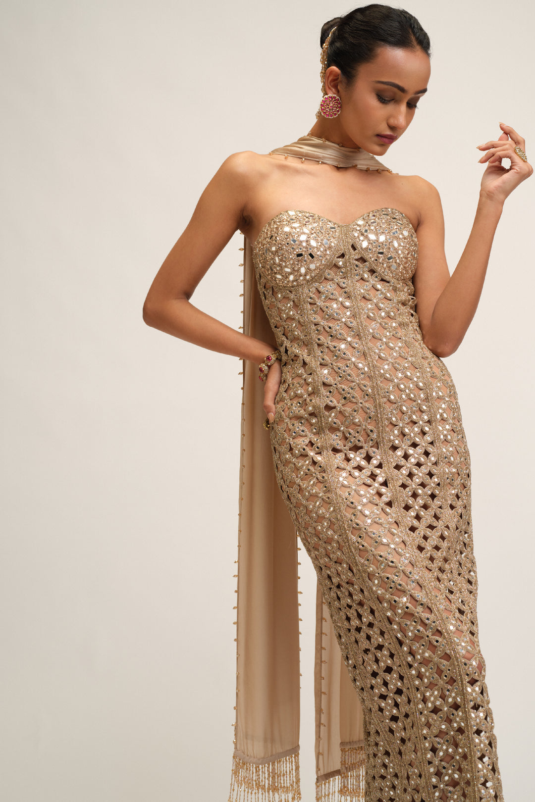 Light Beige Cutwork Dress Set