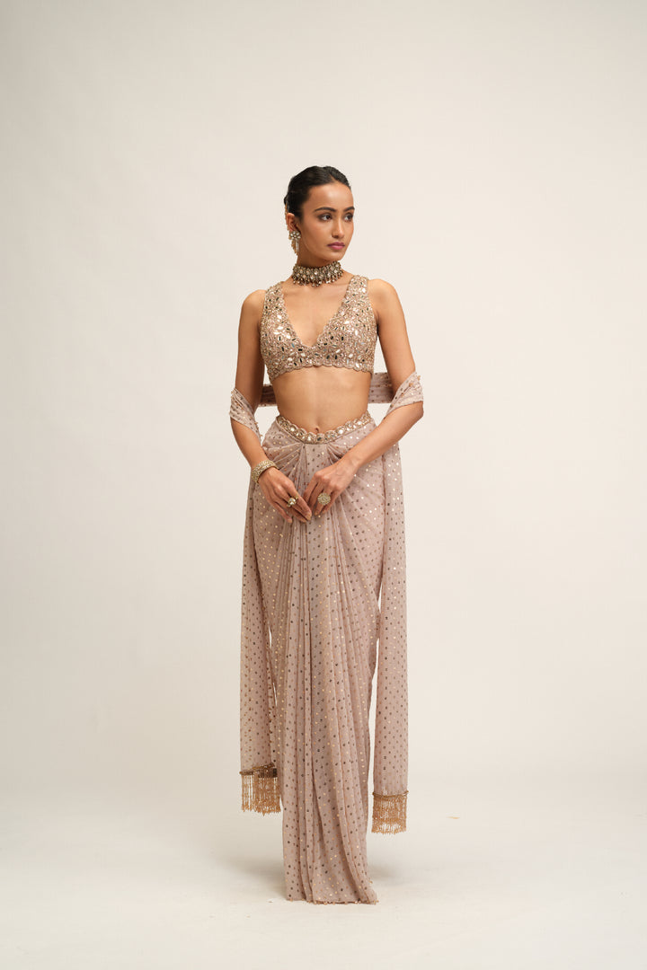 Ash Pink Draped Skirt With V Neck Blouse Set