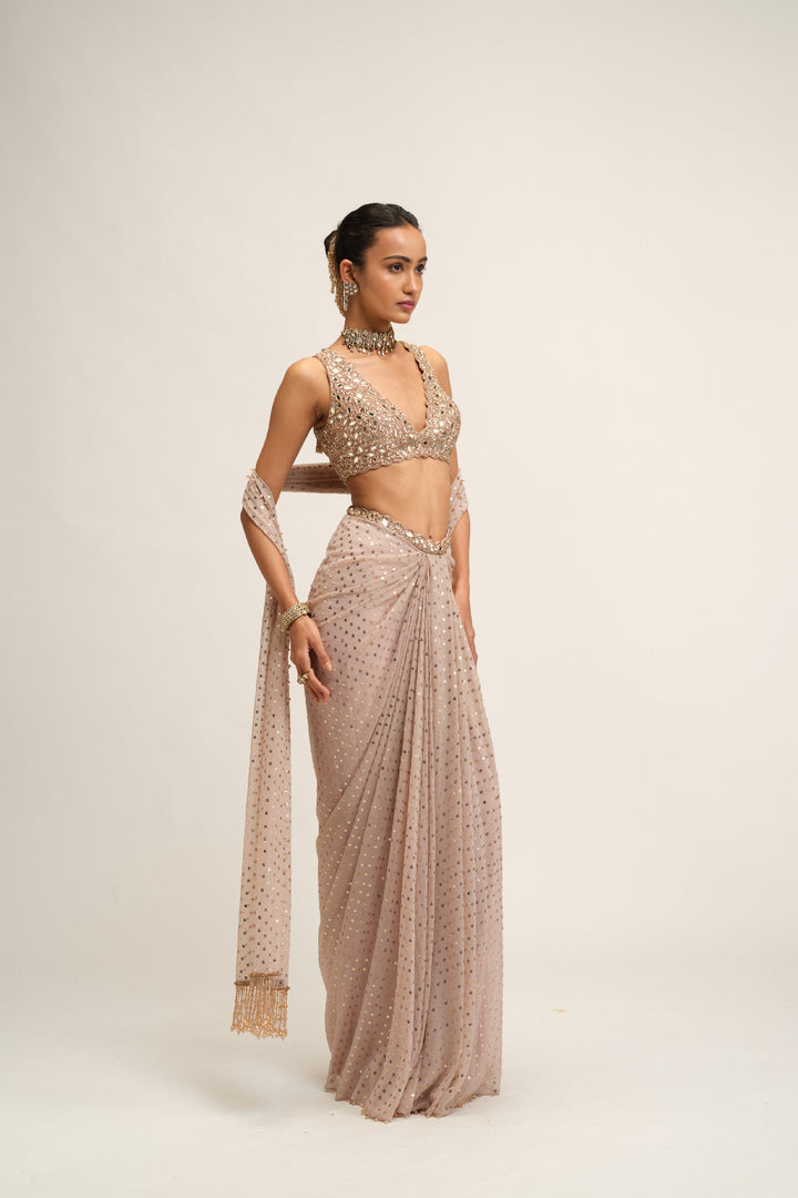 Ash Pink Draped Skirt With V Neck Blouse Set