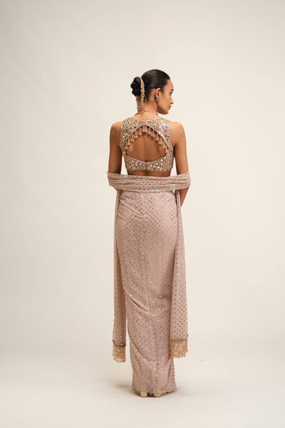 Ash Pink Draped Skirt With V Neck Blouse Set