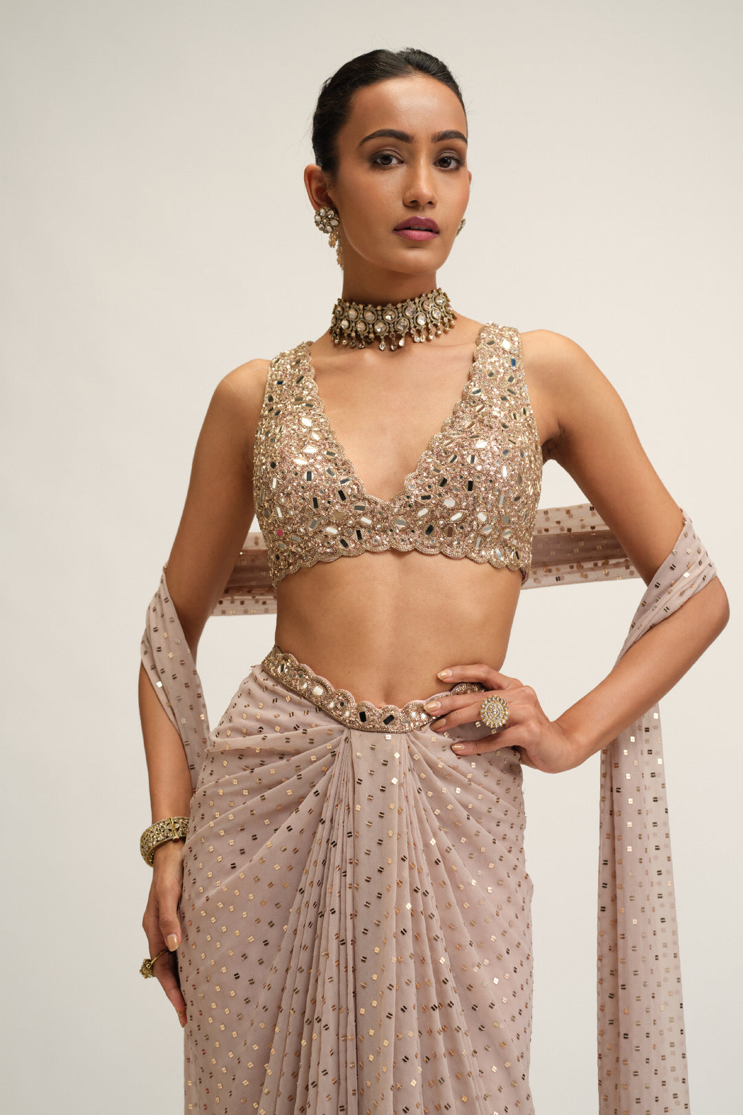 Ash Pink Draped Skirt With V Neck Blouse Set