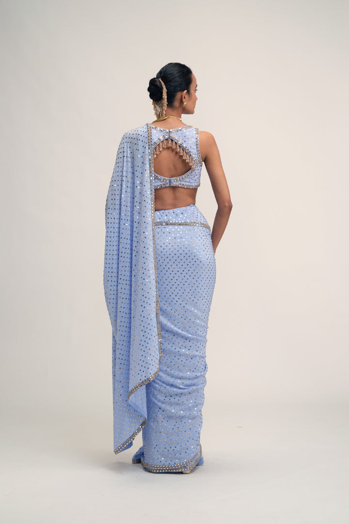 Dew Blue Sequins Embroidered Saree Set