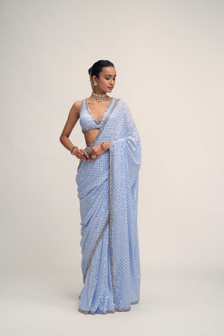 Dew Blue Sequins Embroidered Saree Set