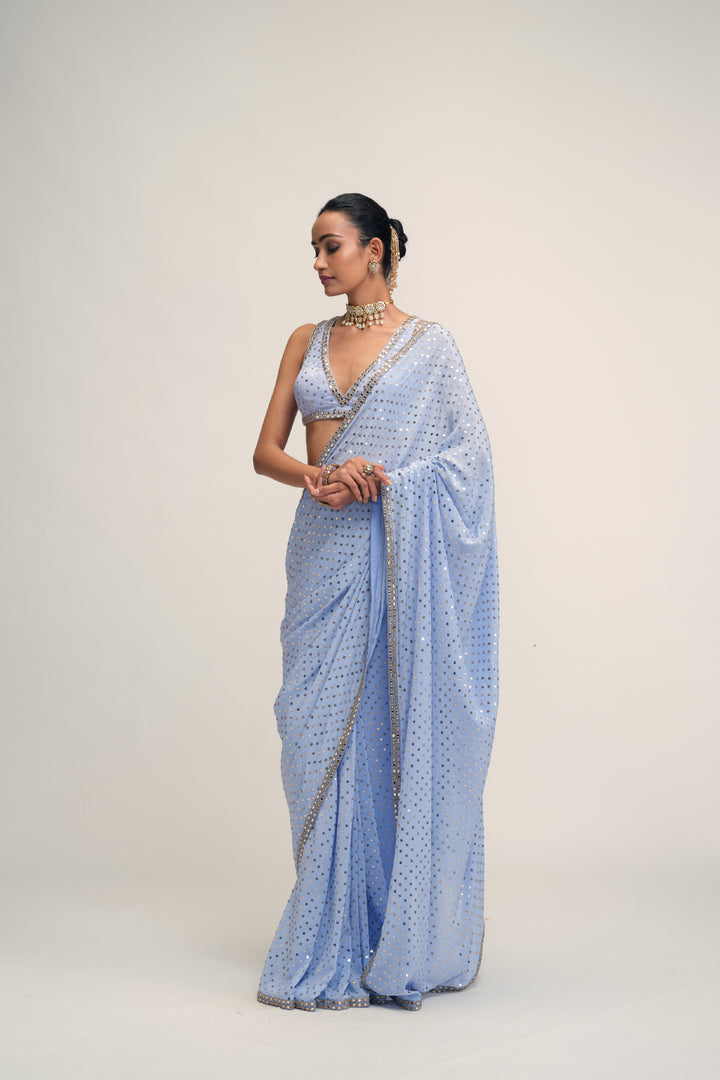 Dew Blue Sequins Embroidered Saree Set