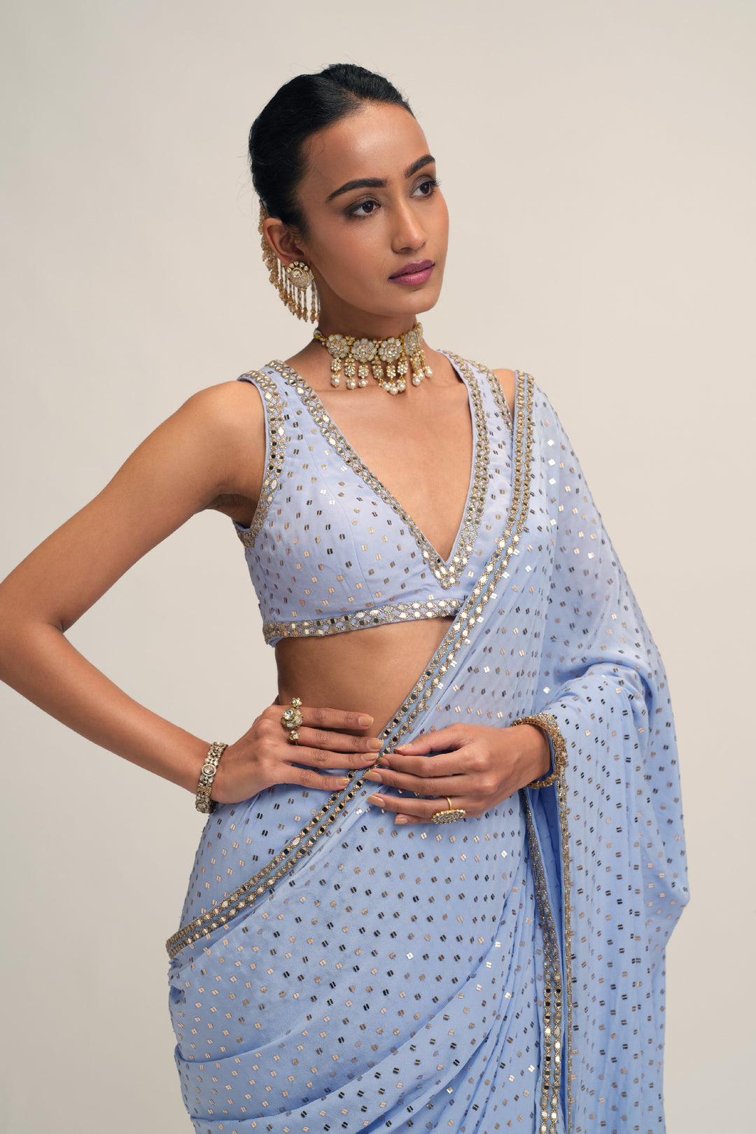 Dew Blue Sequins Embroidered Saree Set