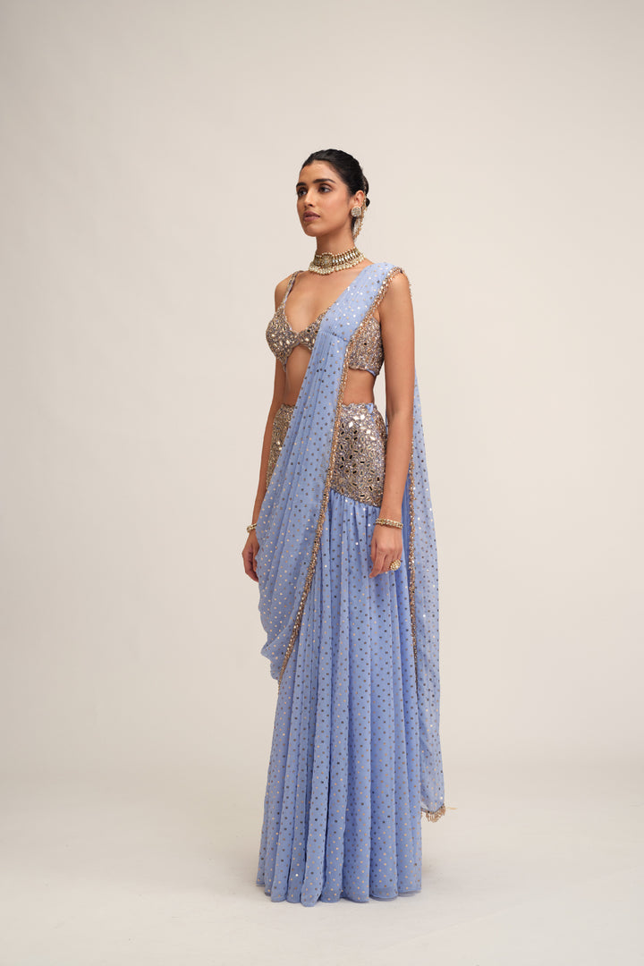 Dew Blue Draped Saree Set