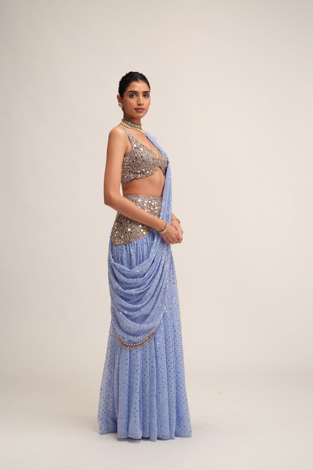 Dew Blue Draped Saree Set