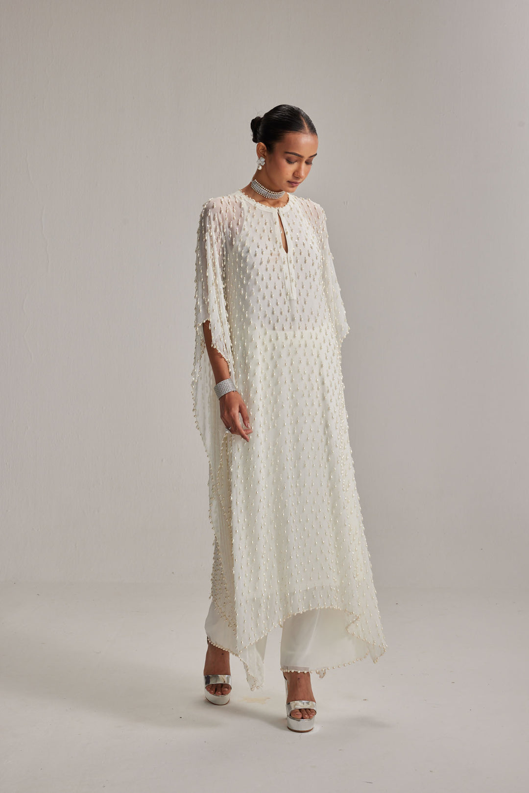 Off White Pearl Drop Kaftaan Set