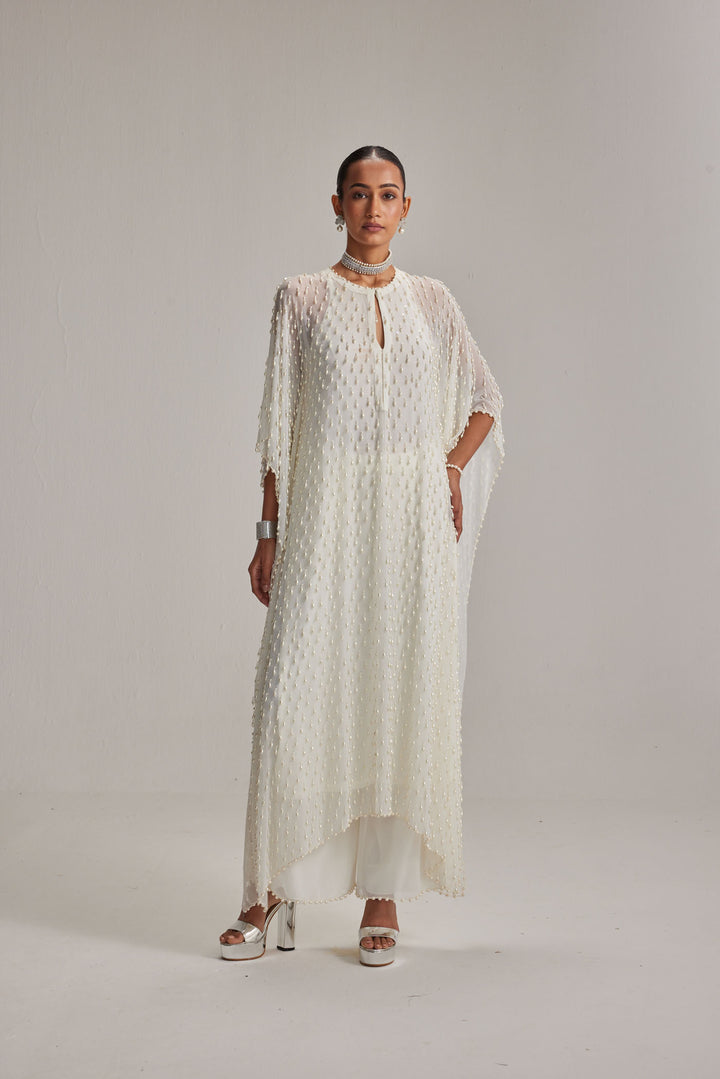Off White Pearl Drop Kaftaan Set