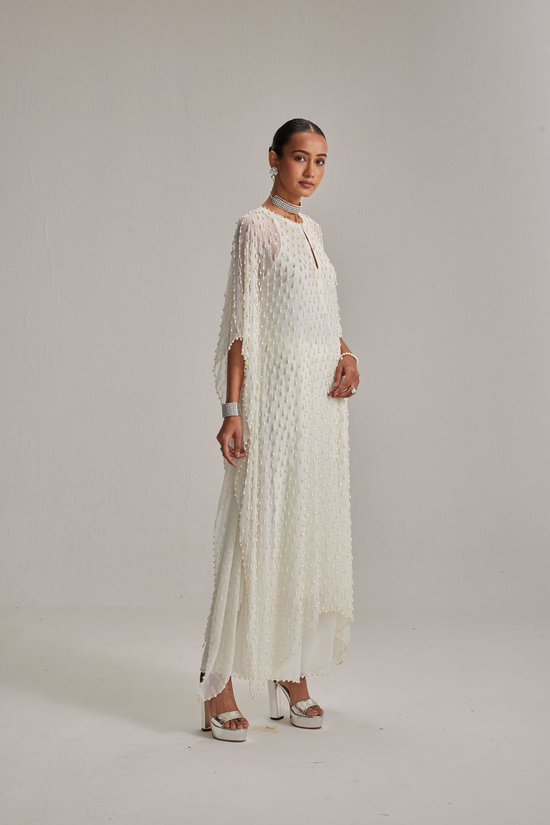 Off White Pearl Drop Kaftaan Set